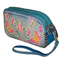 Genuine Leather Wristlet Cell Phone/change Purse, Two Zipper for Separate Rooms. Flowers & Butterflies Pattern. (Blue)