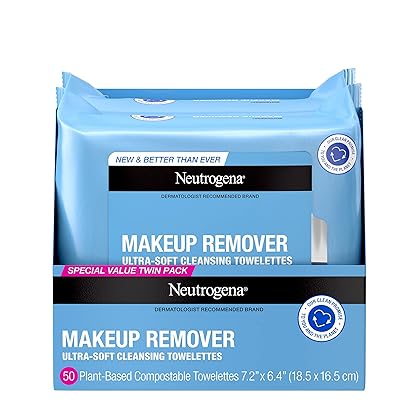 Neutrogena Makeup Remover Cleansing Face Wipes, Daily Cleansing Facial Towelettes to Remove Waterproof Makeup and Mascara, Alcohol-Free, Value Twin Pack, 25 count, 2 Pack