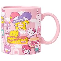 Sanrio Hello Kitty and Friends Kawaii Tokyo Theme Featuring Little Twin Stars, Chococat, My Melody, Keroppi, Badtz-Maru, and Pompompurin Ceramic Mug, 20 Ounces