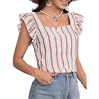 SweatyRocks Women's Summer Square Neck Striped Shirt Casual Ruffle Cap Sleeve Blouse Tank Top