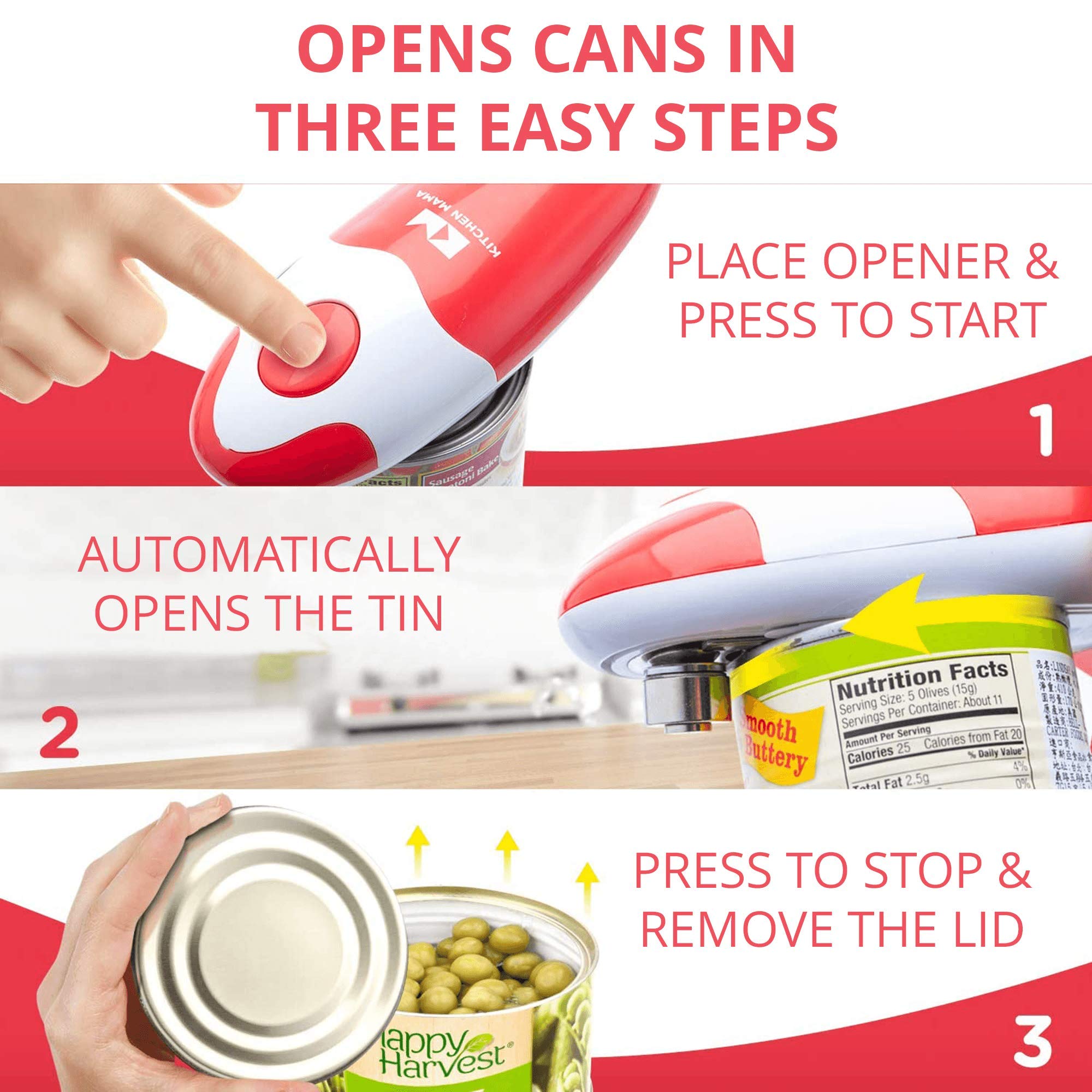 Kitchen Mama Auto Electric Can Opener: Open Your Cans with A Simple Push of Button - Automatic, Hands Free, Smooth Edge, Food-Safe, Battery Operated, YES YOU CAN (Red)