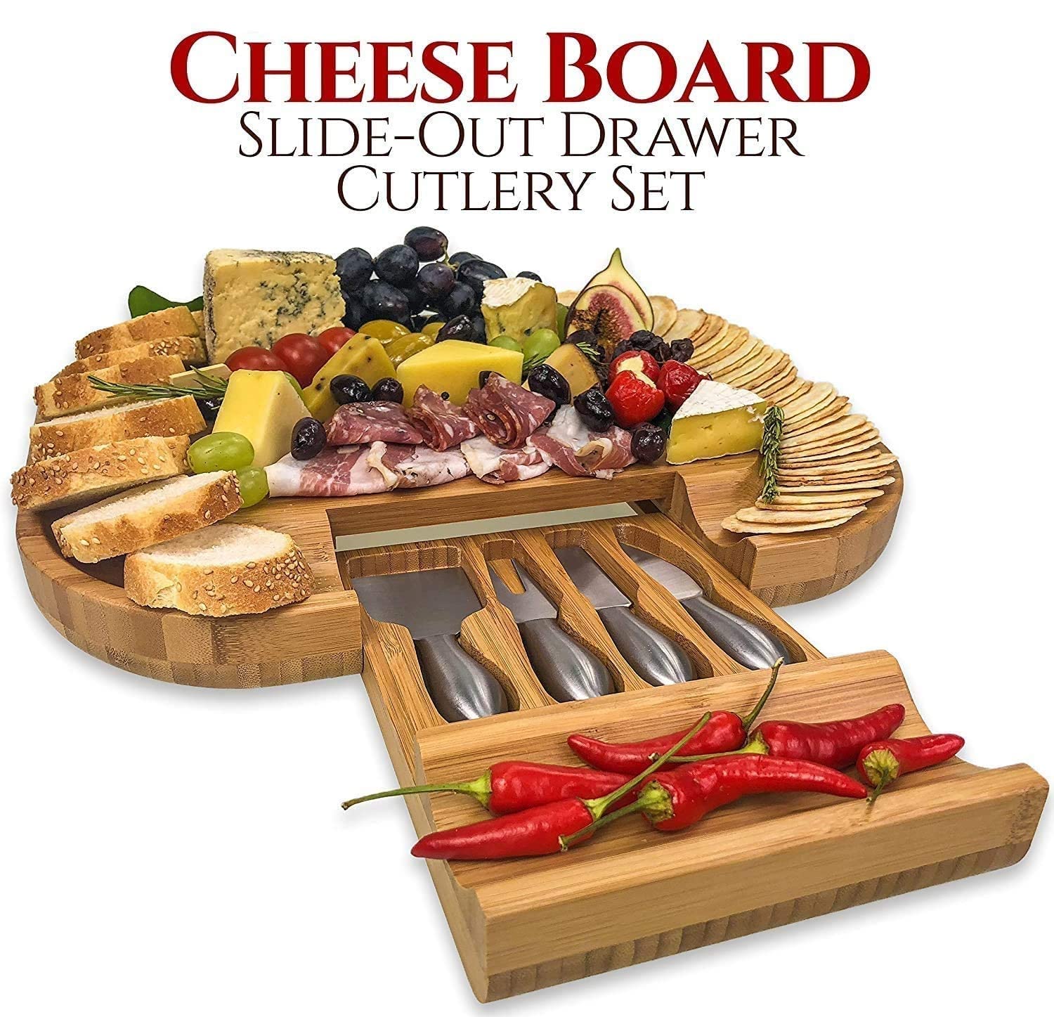 Solander Skelf Large Cheese Board and Knife Set - Stylish Charcuterie Board Set, Bamboo Housewarming Gifts New Home, Birthday Gifts for Women, or Wedding Gifts for Couples