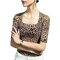 Mesh Tops for Women, Summer Casual Scoop Neck Short Sleeve Leopard Print Patchwork Soft Shirts Elegant Work Blouses