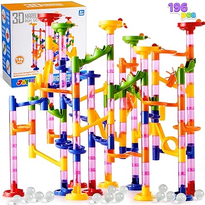 JOYIN Marble Run Premium Set（196 Pcs- Construction Building Blocks Toys, STEM Educational Toy, Building Block Toy(156 Translucent Plastic Pieces+ 40 Glass Marbles)