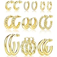 Adoyi 9 Pairs Gold Hoop Earrings Set for Women Gold Twisted Huggie Hoops Earrings 14K 18K Gold Plated for Girls Gift Lightweight