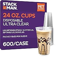 Stack Man [600 Pack - 24 oz.] Ultra-Clear PET Disposable Plastic Cups - Party Drinking Cups - (Case of 12x50) Great Use for Cold Coffee, Shakes, Smoothies, Juices, Beer, Iced Tea