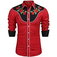 COOFANDY Men's Cowboy Shirts Embroidered Rose Design Shirt Western Long Sleeve Button Down Shirt