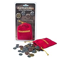 Games: Gloomhaven: Metal Coin Upgrade - 60 Coins & Drawstring Bag, Board Game Accessory, Metal Currency, Detailed Art