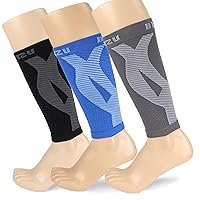BLITZU 3 Pairs Calf Compression Sleeves for Women and Men Size L-XL, One Grey, One Black, One Blue Calf Sleeve, Leg Compression Sleeve for Calf Pain and Shin Splints. Footless Compression Socks.