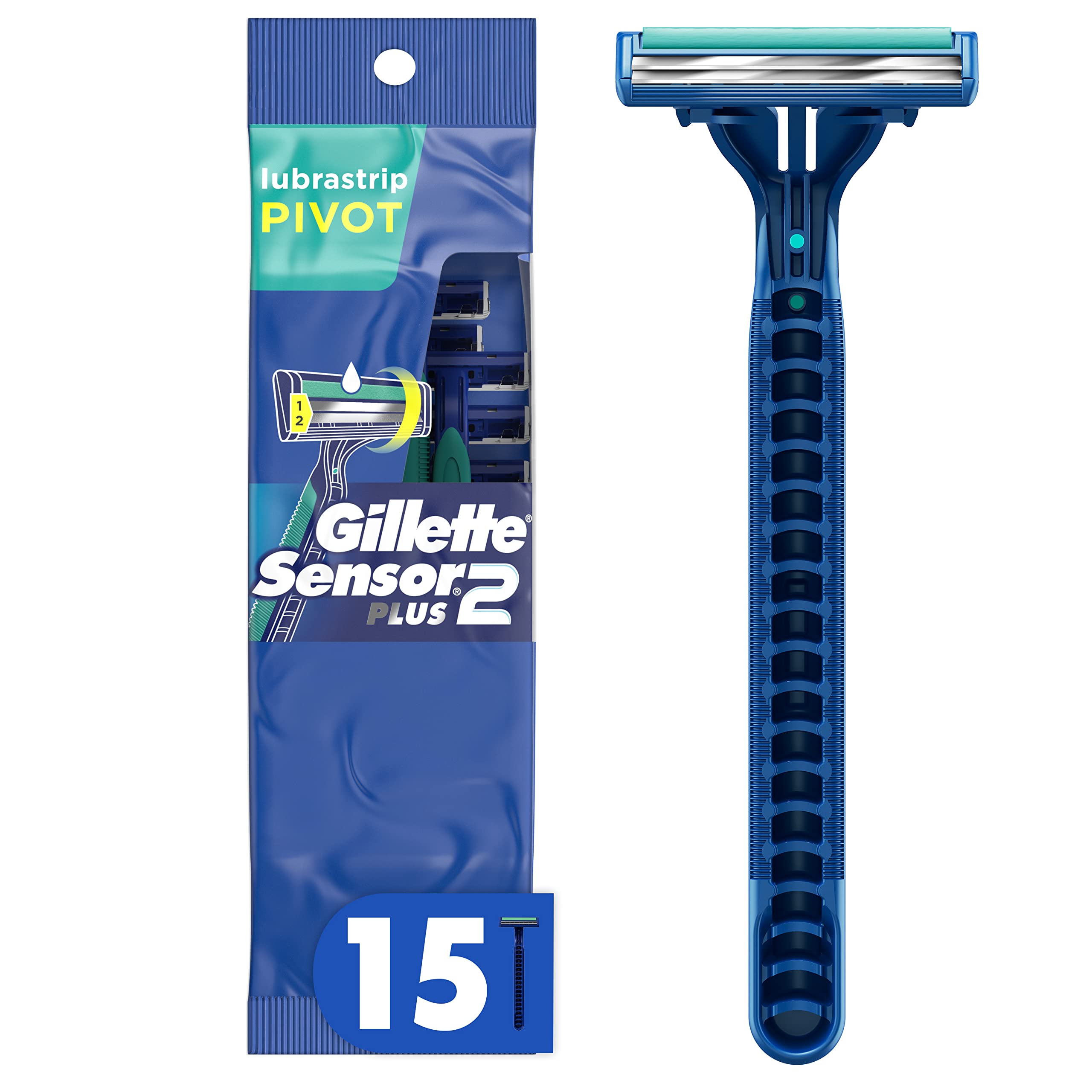 Gillette Sensor2 Plus Pivoting Head Disposable Razors for Men, 15 Count