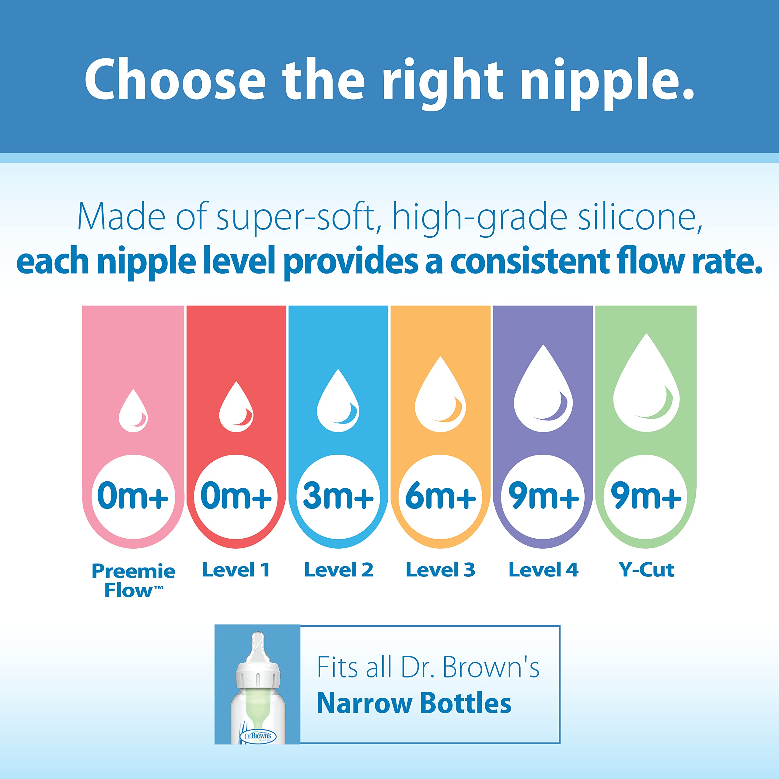 Dr. Brown’s Natural Flow Level 3 Narrow Baby Bottle Silicone Nipple, Medium-Fast Flow, 6m+, 100% Silicone Bottle Nipple, 6 Pack