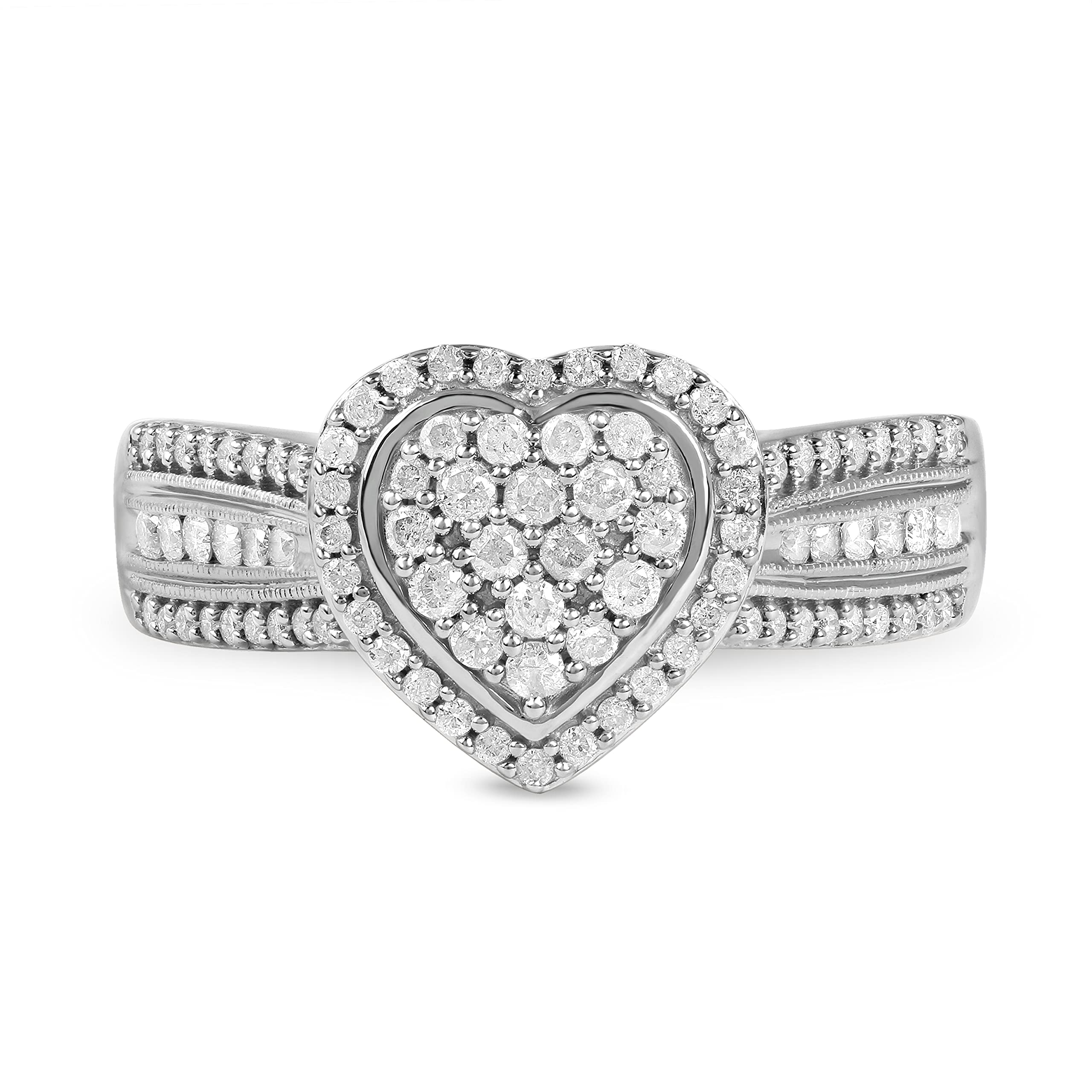 Sterling Silver 1/2Ct. TDW. Round Diamond Composite Heart Shaped Frame Bridal Engagement Ring by DZON Love Gift for Women(I-J,I2)