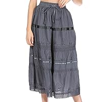 Sakkas Solid Embroidered Bohemian Mid Length Cotton Skirt