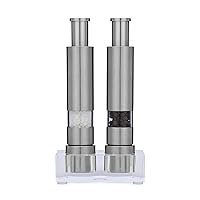 Salt and Pepper Grinder Set, Original Pump & Grind Peppermill are Refillable, Modern Thumb Press Grinder Works With Himalayan Salts, Sea Salts, Peppercorns, Includes Stand.