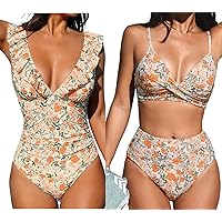 CUPSHE Ruffled Lace Up One Piece Swimsuit and High Waisted V Neck Twist Front Bikini Set, L