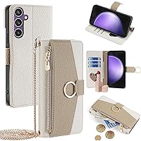 ONNAT-PU Leather Wallet Case for Samsung Galaxy S22 Ultra/S22 Plus/S22 with Card Slots and Cash Slot Flip Folio Zipper Wallet Removable Shoulder Strap with Makeup Mirror (S22,White)