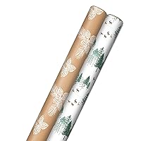 Hallmark Kraft Recyclable Wrapping Paper with Cut Lines (2 Rolls: 150 Sq. Ft. Ttl) Green Trees on White, White Pine Cones on Brown Kraft for Winter Weddings, Birthdays