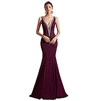 Women's V-Neck Beaded Sequins Lace-up Mermaid Evening Dress