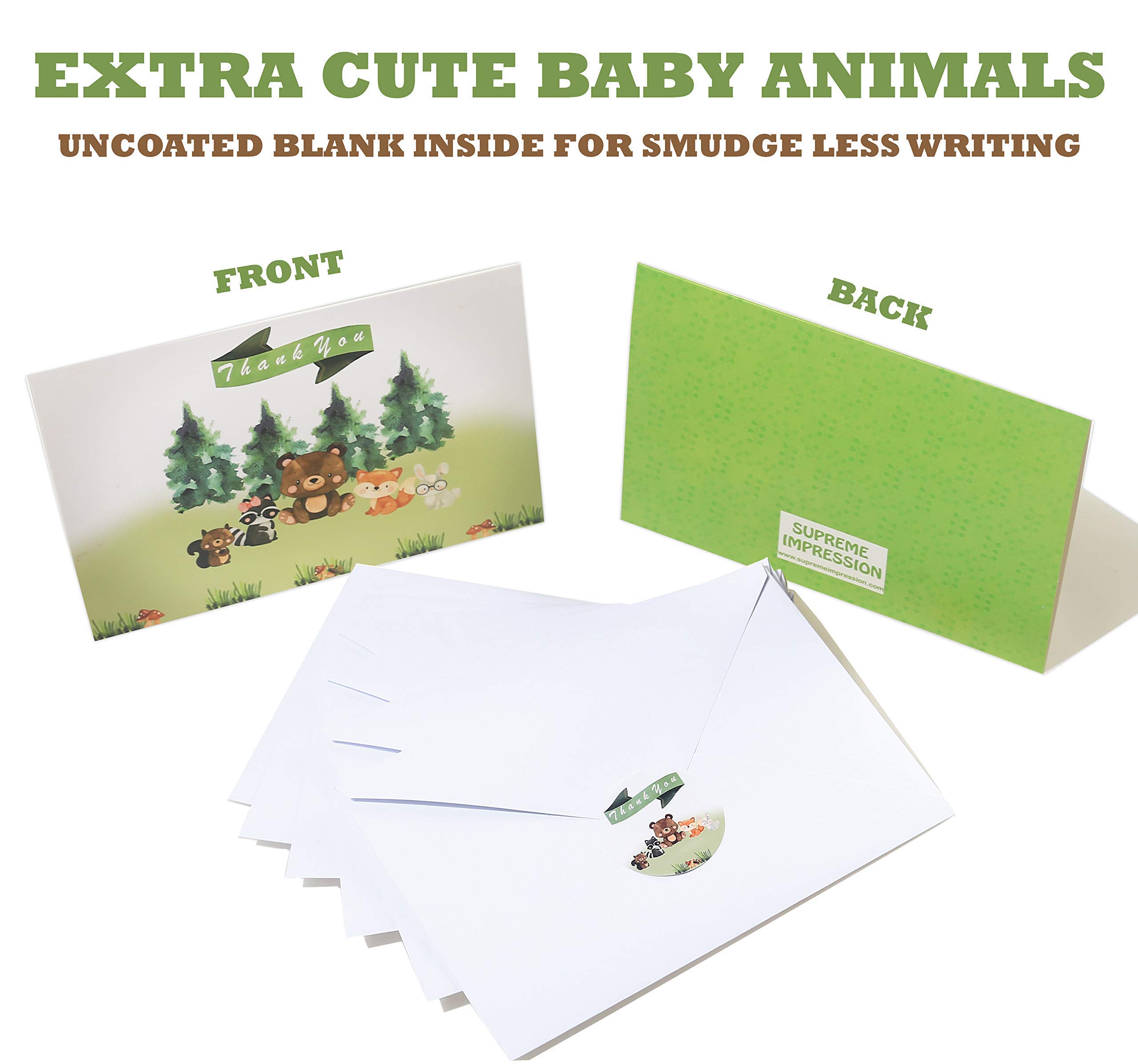 Baby Shower Thank You Cards - 36 Pack of Cute Woodland Forest Animals Thank You Notes with Envelopes and Stickers | Perfect for Kids Birthday or Baby Showers