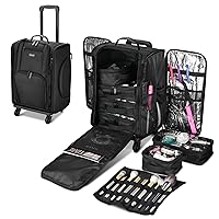 BYOOTIQUE Rolling Makeup Train Case Soft Sided Makeup Storage Cosmetic Organizer Carry on Travel Trolley Suitcase with Heat Isolation Side Pocket 6 Removable Bag for Makeup Artist Hairstylist, Black