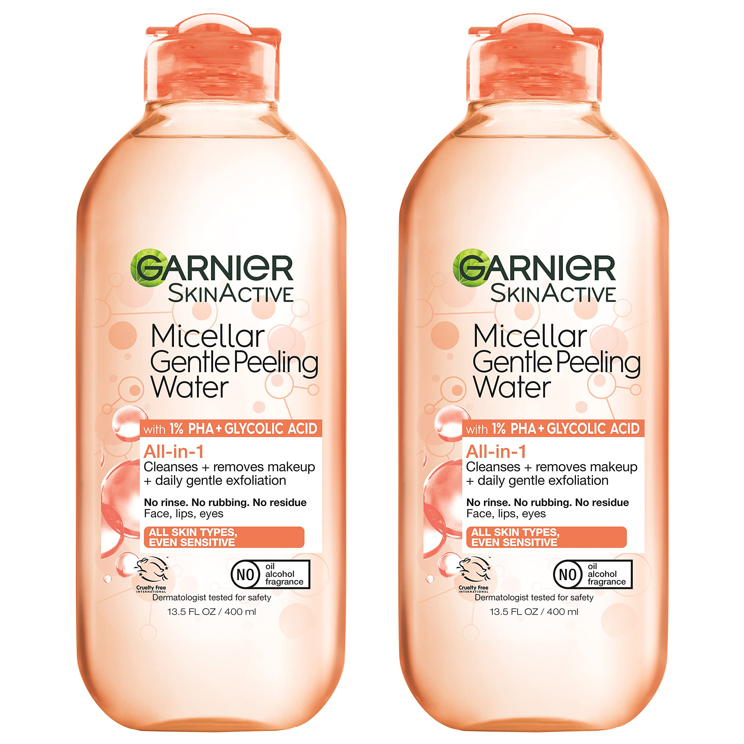 Garnier SkinActive Micellar Gentle Peeling Water with 1% PHA and Glycolic Acid, Facial Cleanser and Makeup Remover, 2 Pack