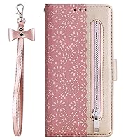 Wallet Case Compatible with iPhone 13 Pro Max, Lace Flower Zipper Pocket Case Flip Leather Cover with Lanyard for iPhone 13 Pro Max (Rose Gold)