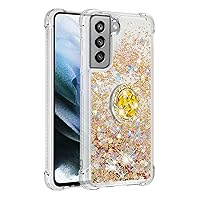 Shockproof Case for Samsung Galaxy S21 FE,Glitter Bling Shine Diamond Heart Rainbow Quicksand Transparent TPU Shell with Rotating Finger Ring Kickstand