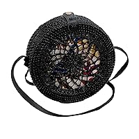 Handwoven Round rattan bag for Women Shoulder bags with tassels and leather strap (Black (Large))