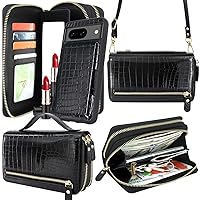 Harryshell Compatible with Google Pixel 8 5G Case Wallet Multi Zipper Detachable Removable Cover Purse Bag with Cash Coin Pocket Card Slots Mirror Crossbody Wrist Strap (Crocodile Skin Black)