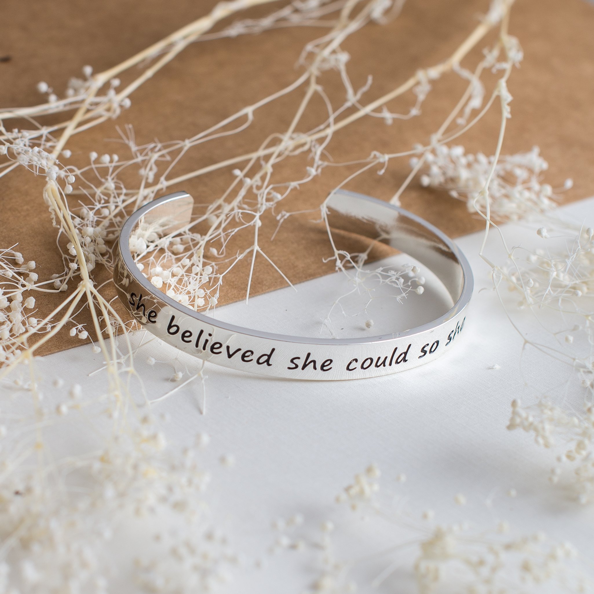 Inspirational Silver Cuff Bracelet – Stamped “She Believed She Could So She Did” Jewelry for Women, Teens, Girls – Motivational Quotes Mantra Band Bracelets – Perfect Gift