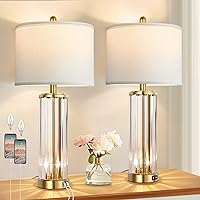 QiMH Gold Table Lamps for Bedroom Set of 2 with Nightlight, Modern Bedside Lamp with 2 USB Charging Port, Clear Nightstand Lamp for Living Room White Shade Home Light Decor(LED Bulbs Included)