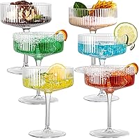 Vintage Art Deco Coupe Glasses, Set of 6 Ribbed Coupe Cocktail Glasses, 10 oz Classic Martini Glasses, Elegant Hand Blown Manhattan Goblet for Bar, Martini, Cosmopolitan, Gimlet, Pisco Sour