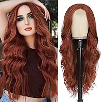NAYOO Long Wavy Wig for Women Synthetic Curly Middle Part Wig Natural Looking Heat Resistant Fibre for Daily Party Use 26 Inch (Auburn-2)