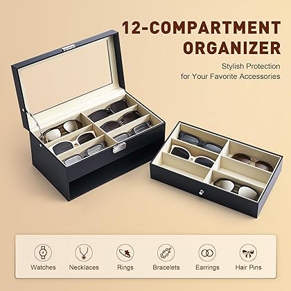 CO-Z Sunglasses Organizer with 12 Slots, Multiple Eyeglasses Eyewear Display Case for Women Men, 2 Story Leather Multi Sunglasses Jewelry Collection Holder with Drawer, Sunglass Glasses Storage Box