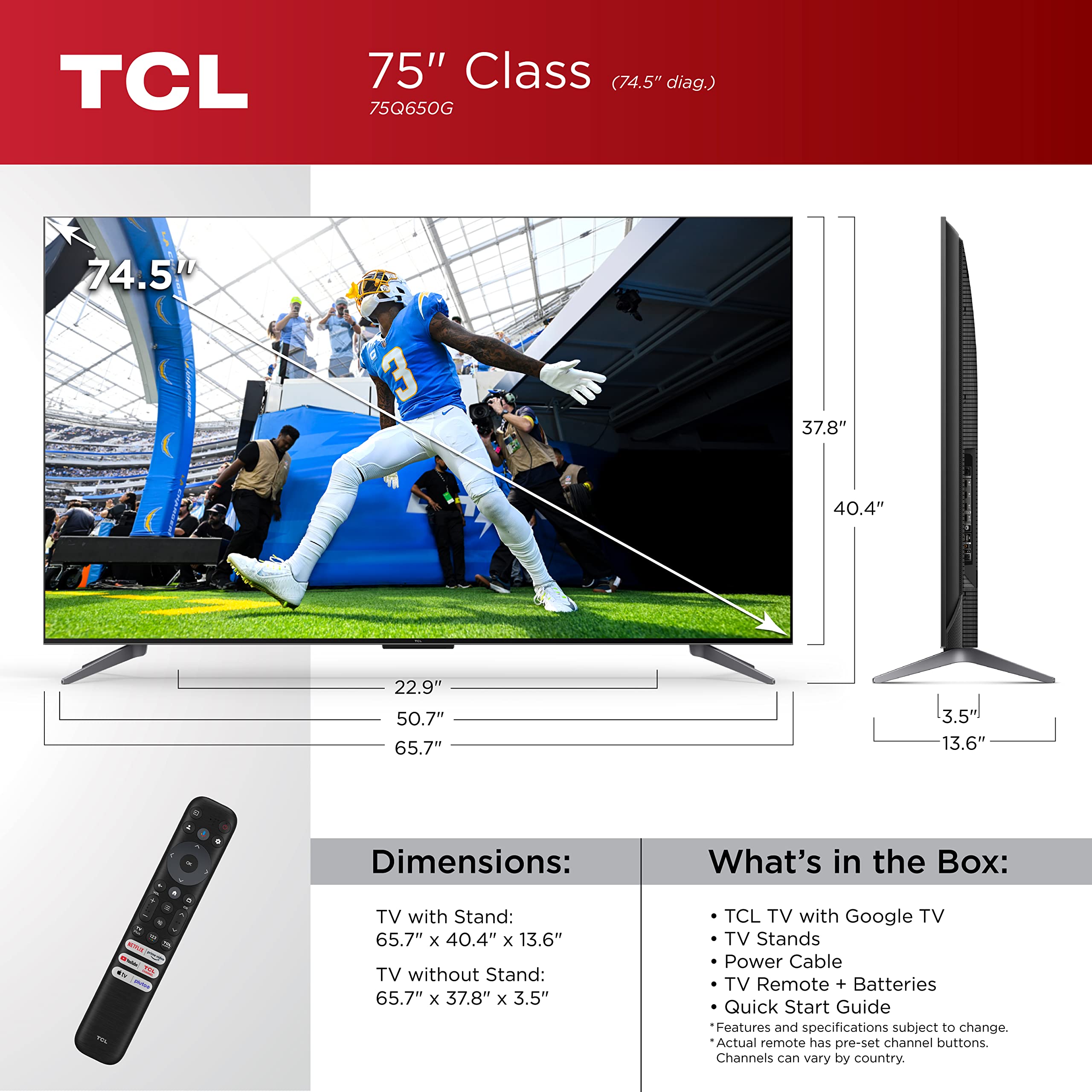 TCL 75-Inch Q6 QLED 4K Smart TV with Google TV (75Q650G, 2023 Model) Dolby Vision, Dolby Atmos, HDR Pro+, Game Accelerator Enhanced Gaming, Voice Remote, Works with Alexa, Streaming UHD Television