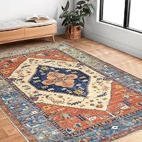 Bsmathom Vintage 5x7 Area Rugs, Machine Washable Large Faux Wool Soft Fuzzy Rug, Non-Slip/Shedding Oriental Low-Pile Floor Carpet for Dining Room Living Room Bedroom Office, 5x7Ft