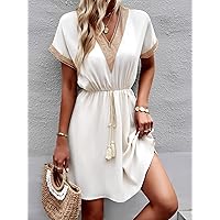 Fall Dresses for Women 2023 Guipure Lace Fringe Detail Batwing Sleeve Dress Dresses for Women (Color : White, Size : Large)