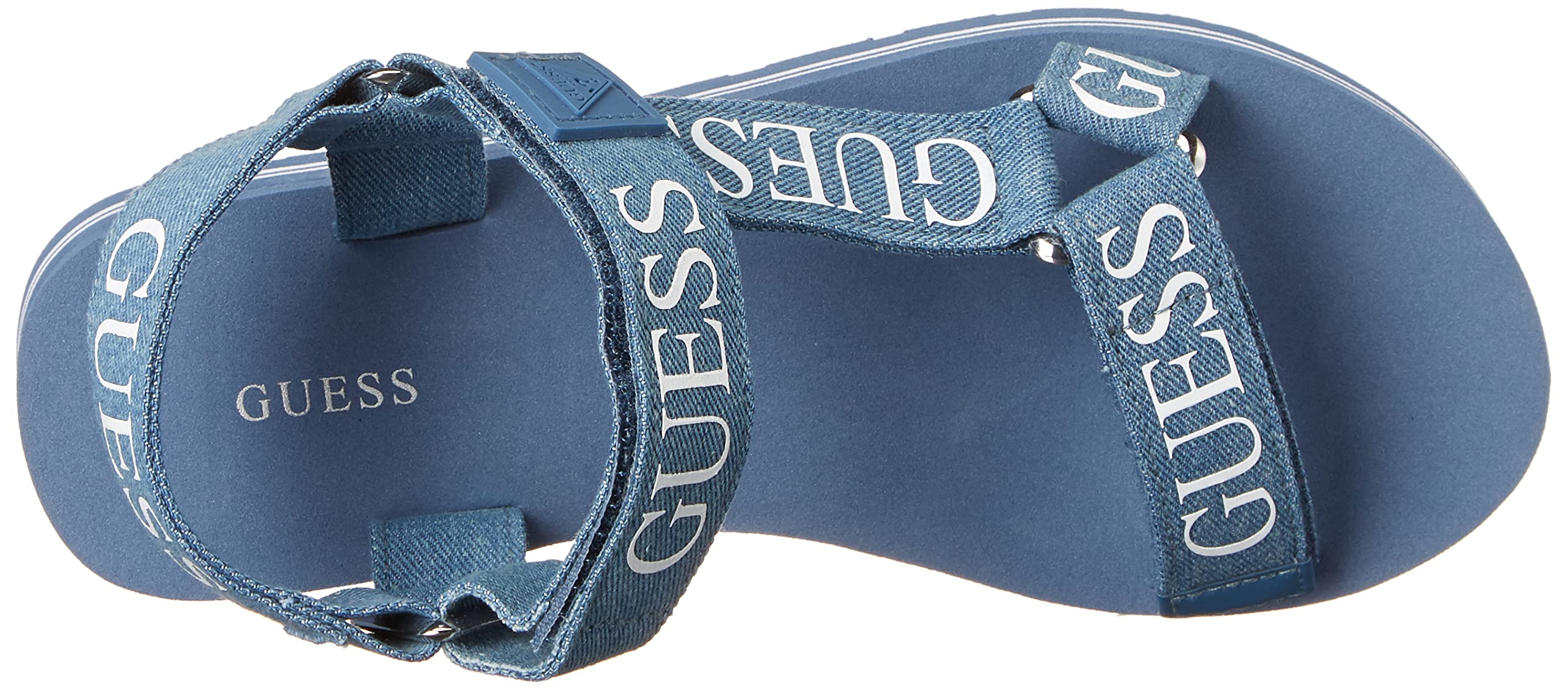 GUESS Women's AVIN Wedge Sandal, Blue+White Denim, 6