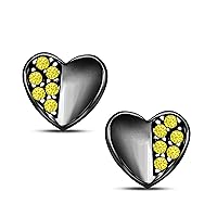Alloy Round Created Yellow-Sapphire 14k Black Gold Plated Half Pave Heart Earrings For Girls and Women's