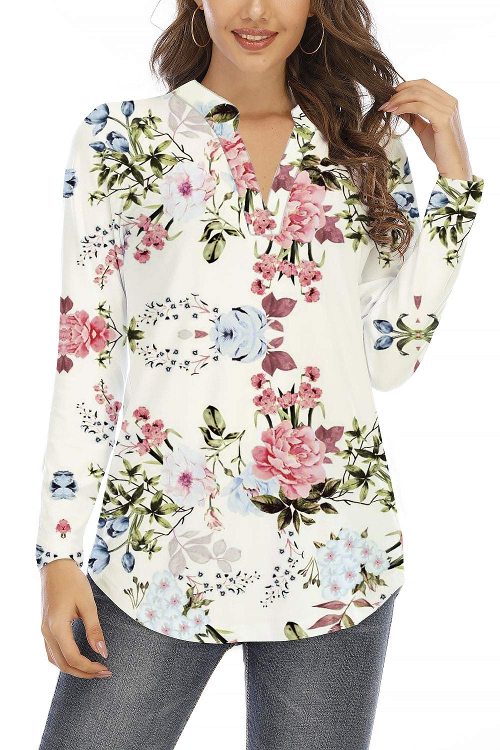 Beauhuty Womens Tops V Neck Blouses Floral Printed Casual Short/Long Sleeve Tunic Shirts
