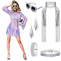 6 Pcs Disco Women Costume Outfit 70s Sequin Scarf Dress and Accessories Jewelry for Birthday Dance Party
