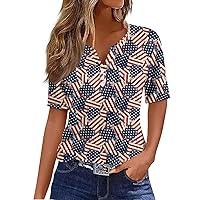 Independence Day Short Sleeve Flag Printed Casual Button V-Neck T-Shirt Plus Size 4Th of July Shirts