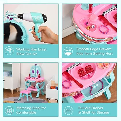 Qaba Three-Sided Mirror Kids Vanity Makeup Table Set with Princess Faces and 32-Piece Collection, Princess Vanity Table and Stool, Imaginative Toy for 3-6 Years Old