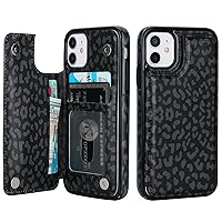 HAOPINSH for iPhone 11 Wallet Case with Card Holder, Black Leopard Cheetah Pattern Back Flip Case PU Leather Kickstand Card Slots Case for Women Girls, Double Magnetic Clasp Shockproof Cover 6.1