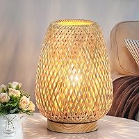 Rattan Table Lamp, Stepless Dimmable Small Beside Lamp, Vintage Wicker Wooden Nightstand Lamp, Boho Bamboo Woven End Table Lamp for Bedroom Living Room Desk Kids Room, 2700K T45 LED Bulb Included