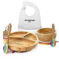 Baby and Toddler, 3 compartment plate, bowl, and spoon feeding set- silicone suction, Non-toxic all natural Bamboo baby food plate with silicone bib (Rainbow), Small