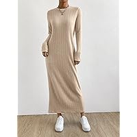 2023 Spring Dress Pants Women Ribbed Knit Tee Dress Without Belt Dresses (Color : Apricot, Size : Large)