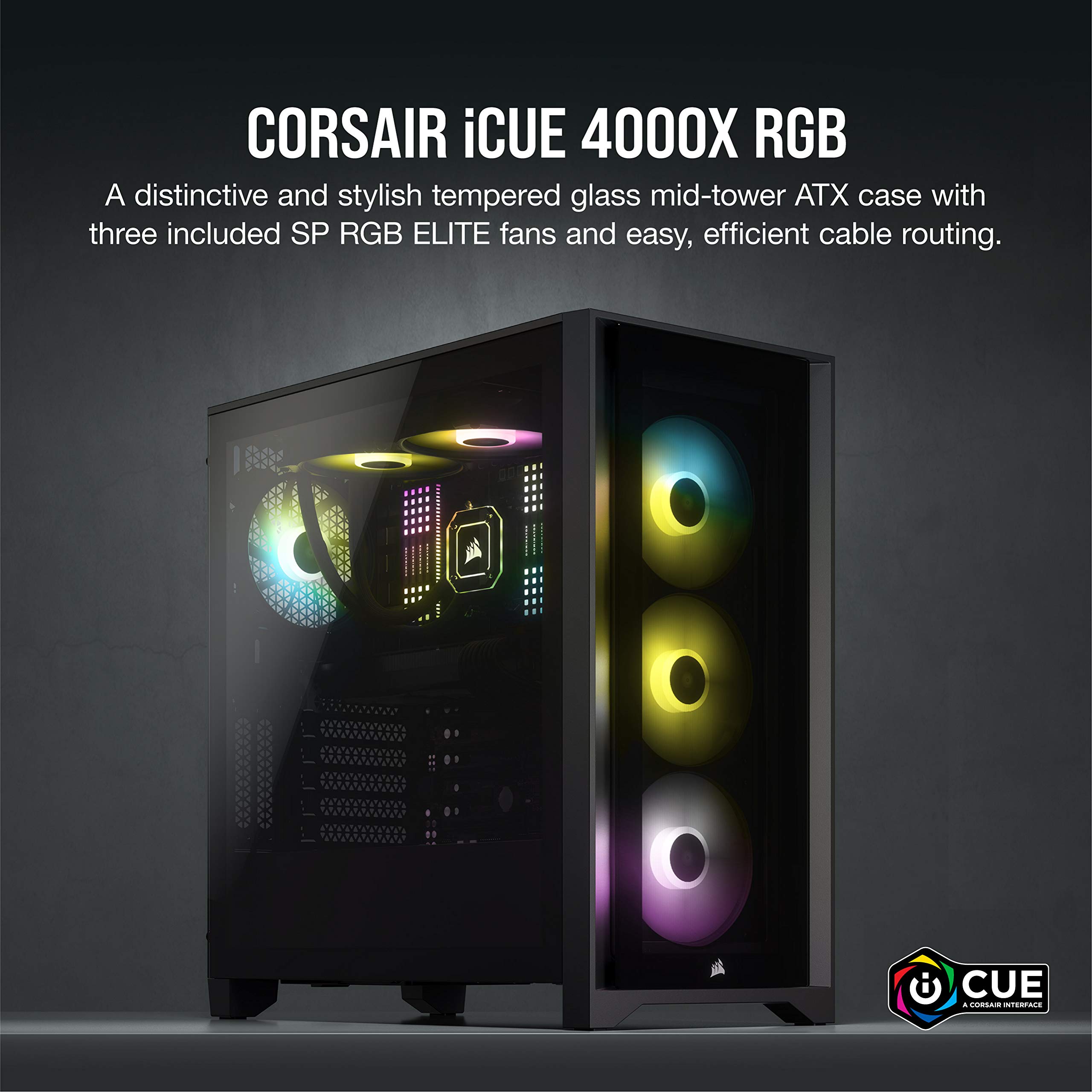 CORSAIR iCUE 4000X RGB Tempered Glass Mid-Tower ATX PC Case - 3X SP120 RGB Elite Fans - iCUE Lighting Node CORE Controller - High Airflow - Black