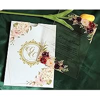 Gold Initials Printed Pocket Envelopes,Burgundy Red Peony,Rose Flower Acrylic Wedding Invitations,Gold Ink Acrylic Invitations,Custom Acrylic Menu,Acrylic Baptims Invitations,10sets