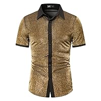 Button Down Disco Shirt for Mens Shiny Silver Sequin Party Tops Retro Short Sleeve T-Shirts Fashion Relaxed Prom Tee